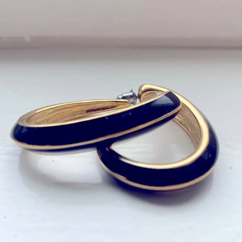 Trifari vintage gold and black resin hoop earrings